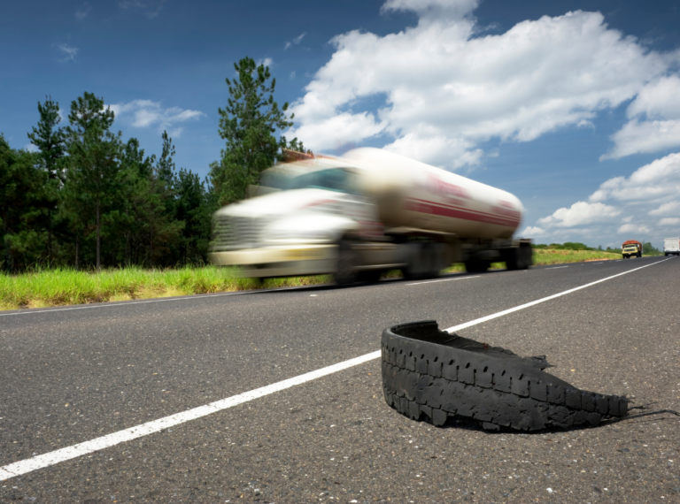 road gator, tire piece in the highway with a truck going by